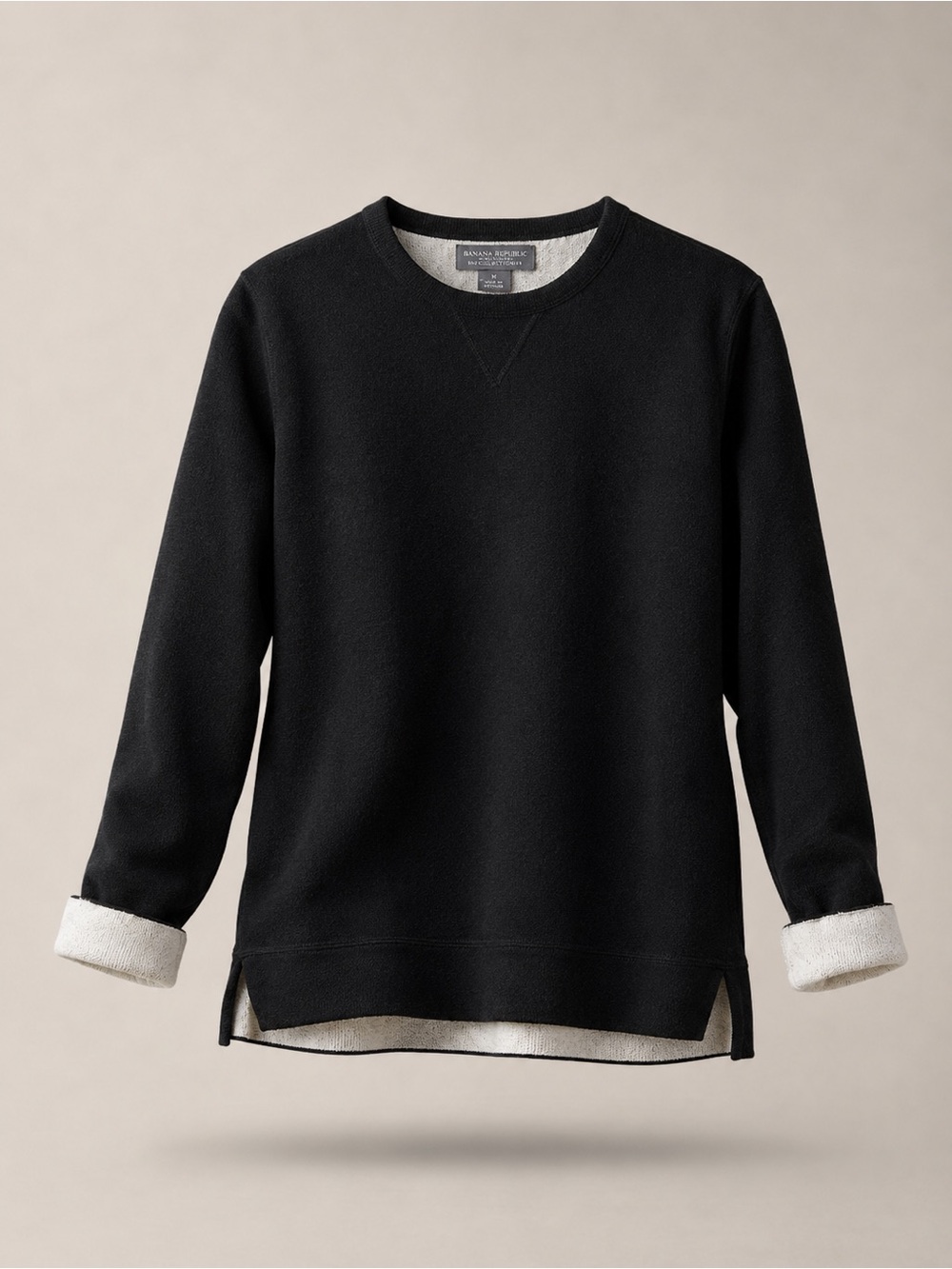 Black Crewneck Sweater with Cream Trim 100%Cashmere